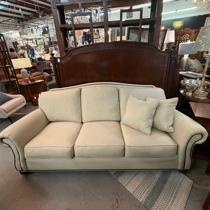 Ethan Allen Whitney Cream & Leather Trim Featherblend Sofa 85x40x36