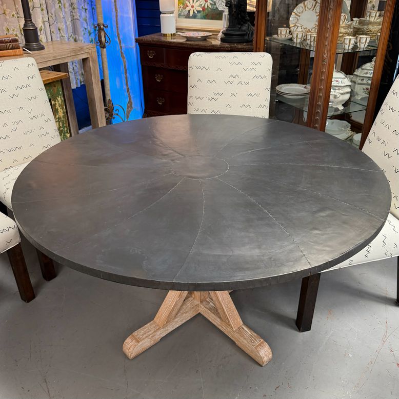Custom Hammered Zinc Table W/Oak Trestle Pedestal Base 54"Diax29.5"H