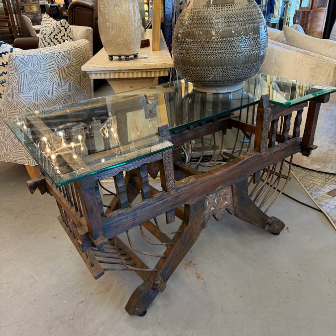 Antique Asian Howdah Elephant Chair Converted to Table W/Glass Top 46Lx24Wx26H