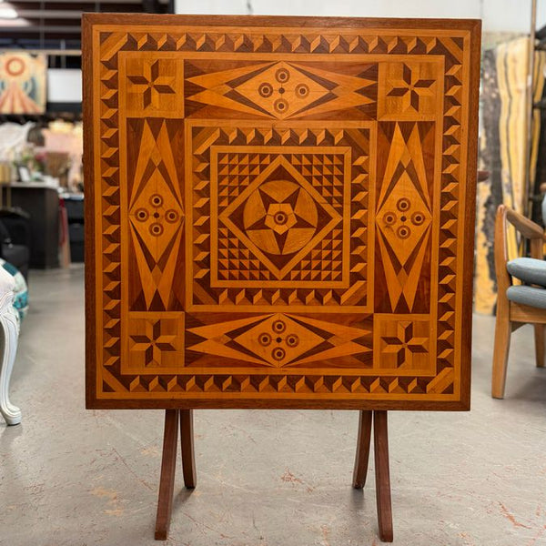 Vintage Folk Art Marquetry Inlaid Folding Table 27.5x27.5x28