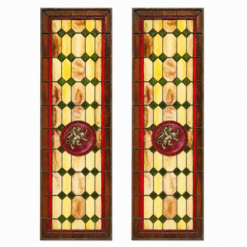 PAIR Vintage Stained Glass Panels W/Lions 2'x7'