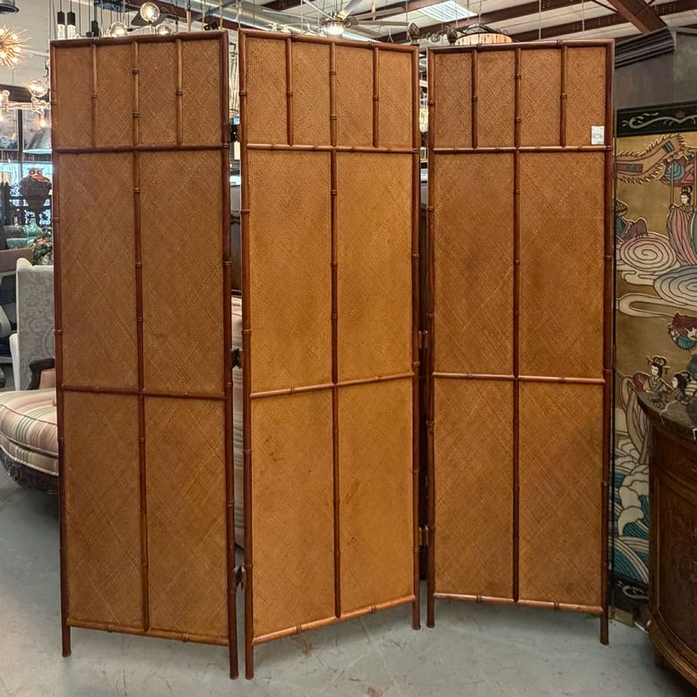 Large 3-Panel Faux Bamboo & Woven Wicker Screen 72x80