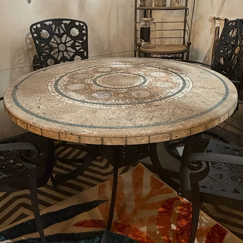 Mosaic Stone Top/Black Iron Base Table W/4 Wrought Iron Chairs 48"DiaX30"H