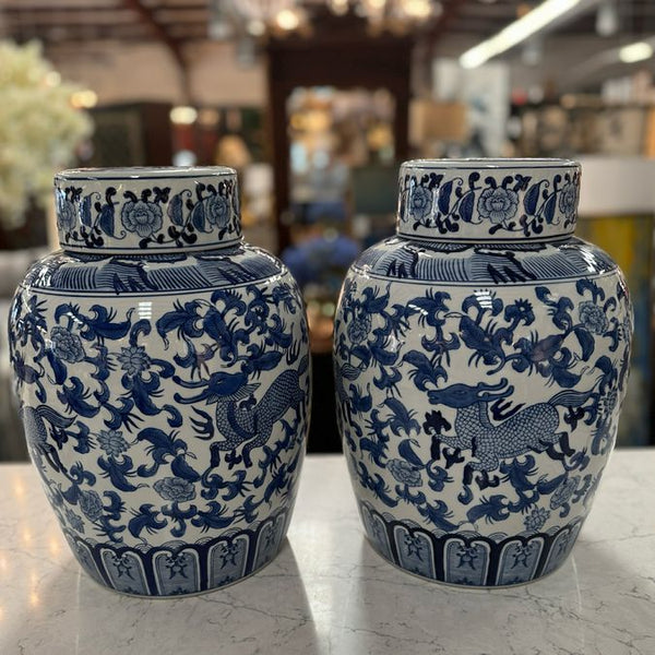PAIR Blue/White Chinoiserie Deer Ginger Jars 15.5Hx12W