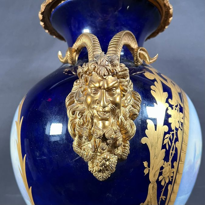 French Sevres Enamel & Bronze God of Bacchus Vase 27"H