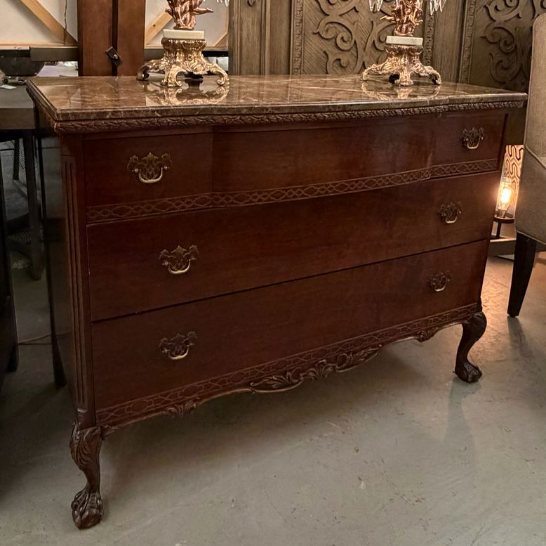 1930's Serpentine Flame Mahagony 3-Drw Chest W/Marble Top 48x21x36