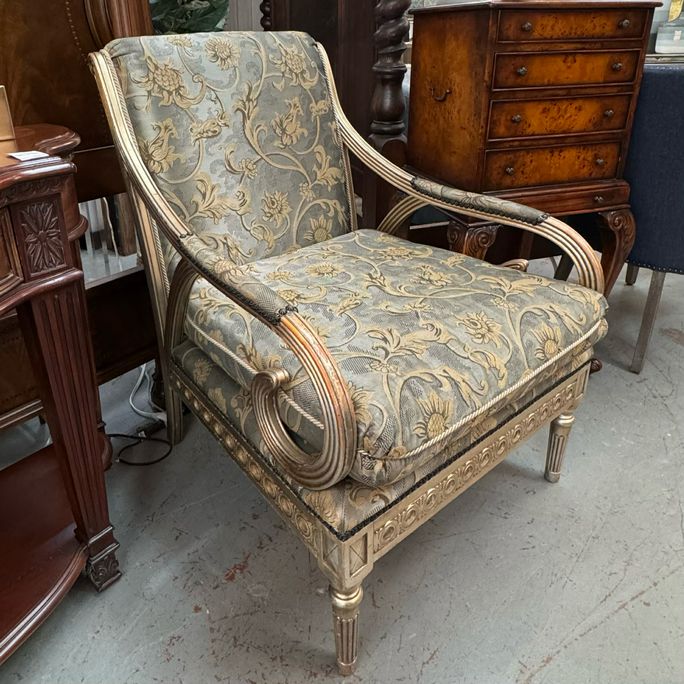 SET/2 Vintage Henredon Directoire Upholstered Arm Chairs W/Metallic Wood Finish