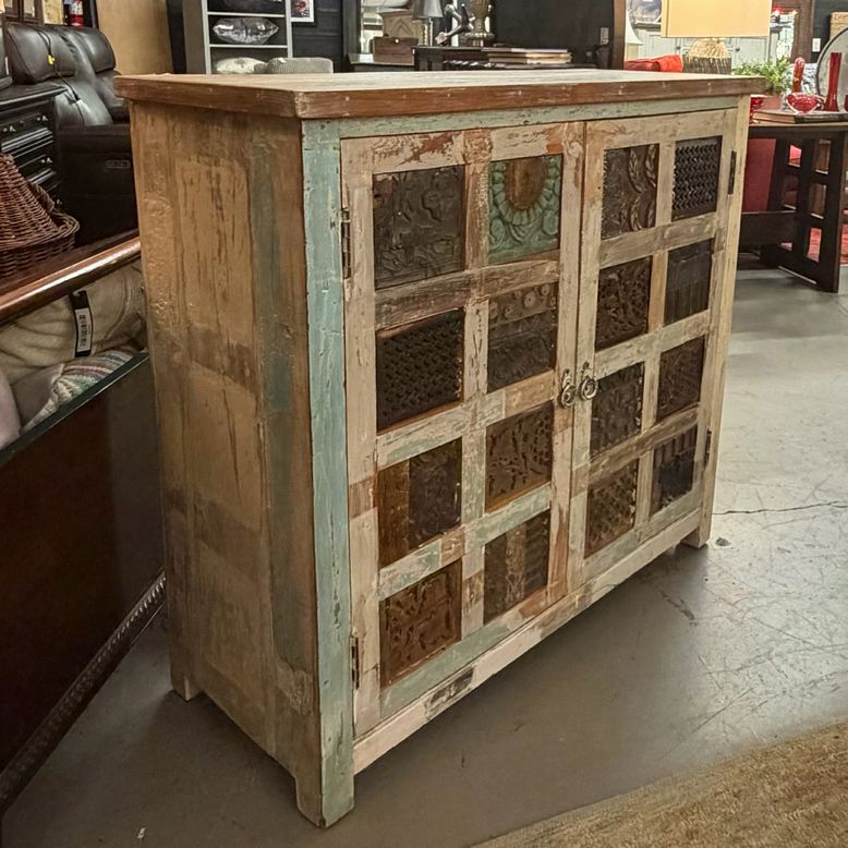 Vintage Teal Distressed 2-Dr Cabinet 39x16x36
