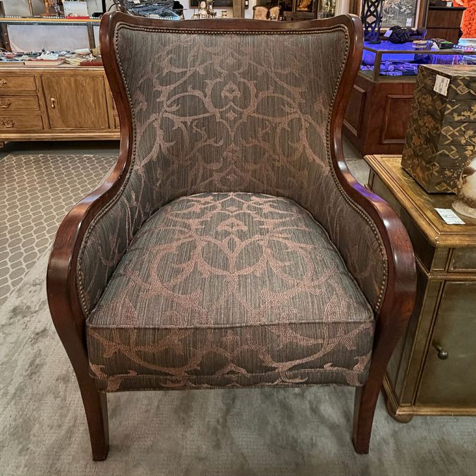 PAIR Custom Wood Framed Wingback Chairs Charcoal & Gold 27.5x34x41.25