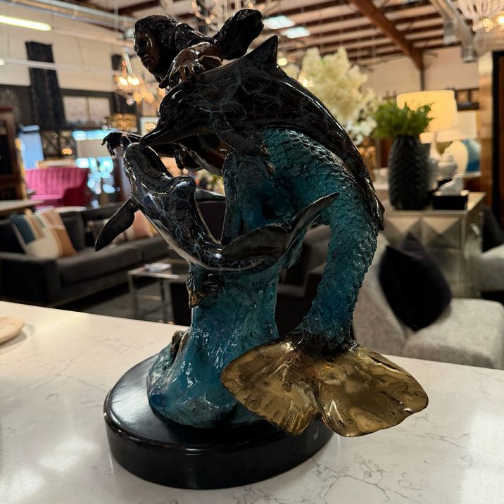 Signed Bronze Mermaid Swimming With Dolphins 17x11x17