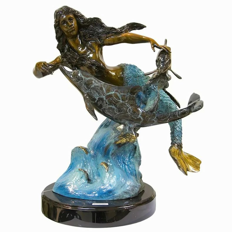 Signed Bronze Mermaid Swimming With Dolphins 17x11x17