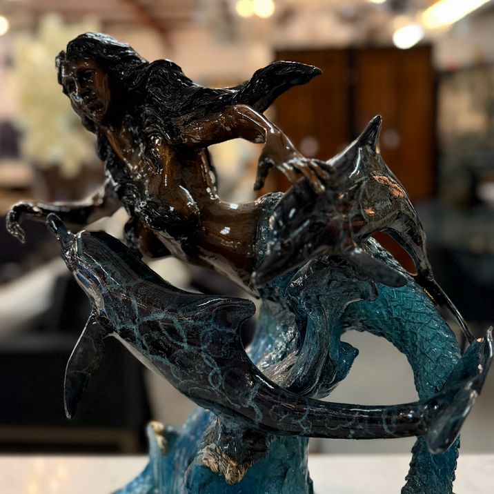 Signed Bronze Mermaid Swimming With Dolphins 17x11x17