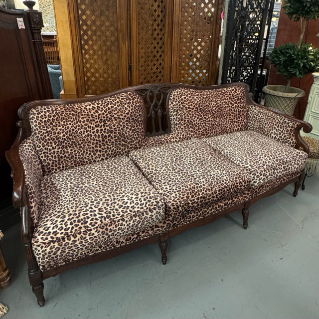 Antique/Vintage Wood Carved Sofa W/Animal Print Upholstery 78x33x34