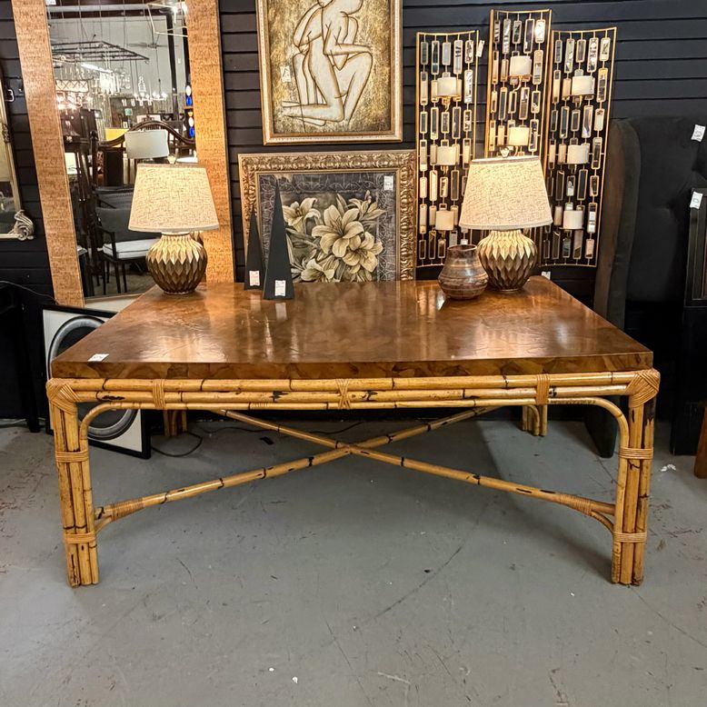 1970's Werner Maier Chinese Chippendale Bamboo & Rattan Table  68x42x30 SALE