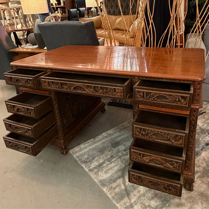 Antique Asian Relief Carved 9-Drw Double Pedestal Desk 54x30x30.5