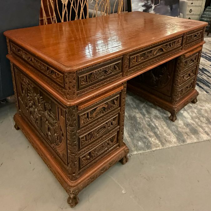 Antique Asian Relief Carved 9-Drw Double Pedestal Desk 54x30x30.5