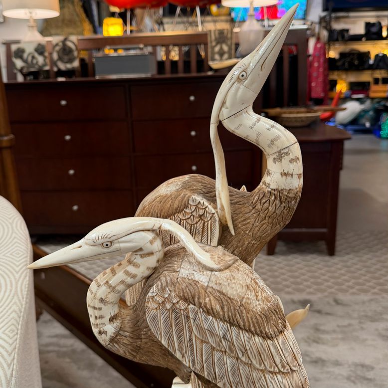 Vintage Asian Hand Carved Bone Double Heron Sculpture 22"H