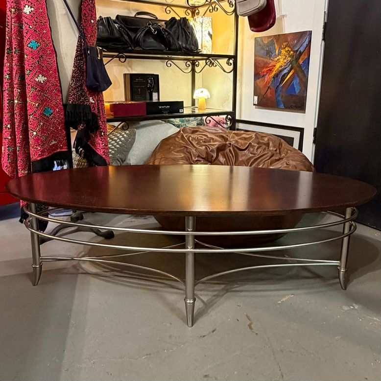 Oval Wood & Chrome Modern Coffee Table 57x25x18