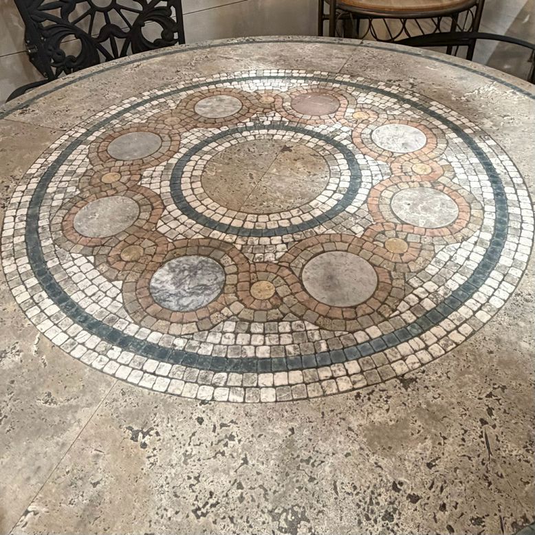 Mosaic Stone Top/Black Iron Base Table W/4 Wrought Iron Chairs 48"DiaX30"H
