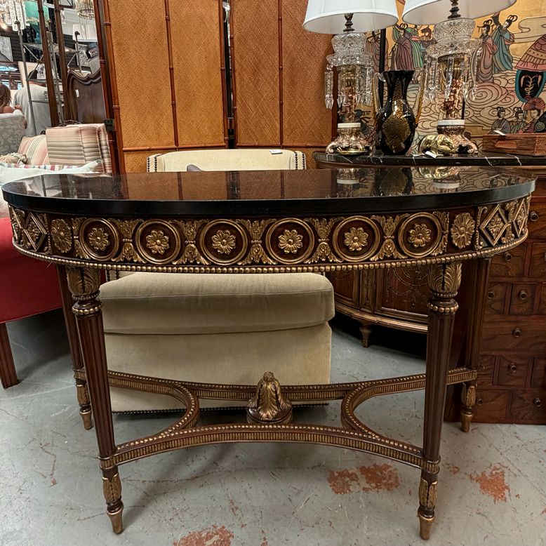 Maitland Smith Gold Rosette Frieze Demilune Black Marble Top 54x20x34