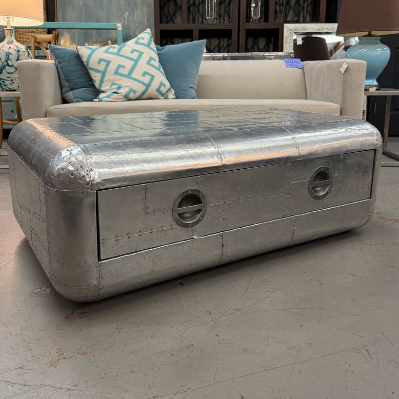 Restoration Hardware Blackhawk Aviator Silver Coffee Table W/Drawer 49x30x20