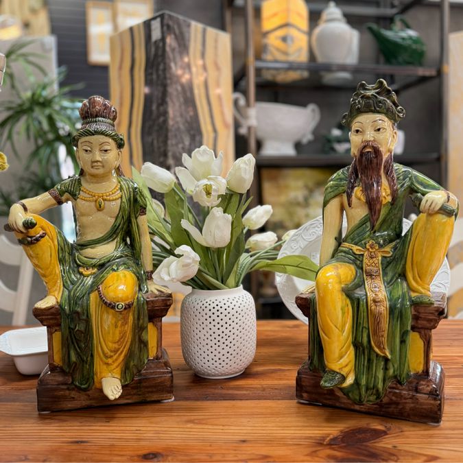 PAIR Ming Style Taoist Dignitary Glazed Figurines 22' tall