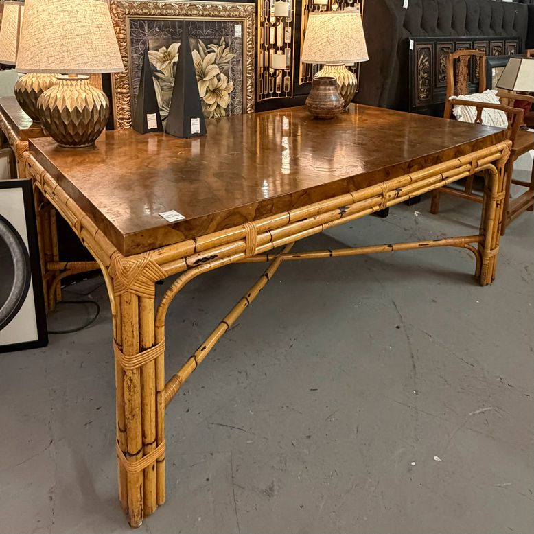 1970's Werner Maier Chinese Chippendale Bamboo & Rattan Table  68x42x30 SALE
