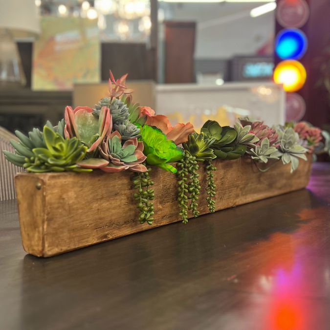 Succulents in Long Wood Container 39"Wx7"H NEW