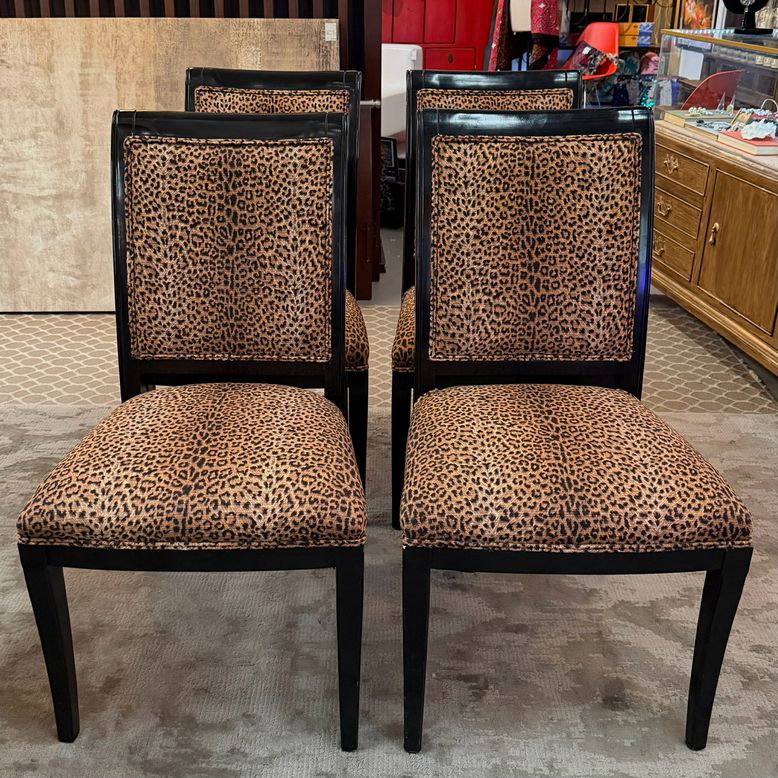 SET/6 Hollywood Regency Style Black Carved Gilt Chairs W/Leopard Upholstery 22x2