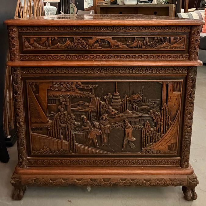 Antique Asian Relief Carved 9-Drw Double Pedestal Desk 54x30x30.5