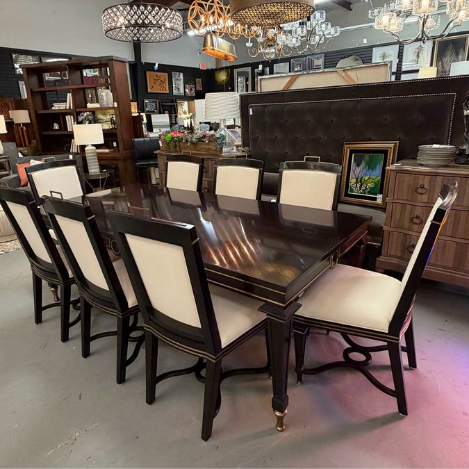 Theodore Alexander Rive Gauche Table W/8 Chairs, 1-27" Leaf 84-108Wx40Dx30H