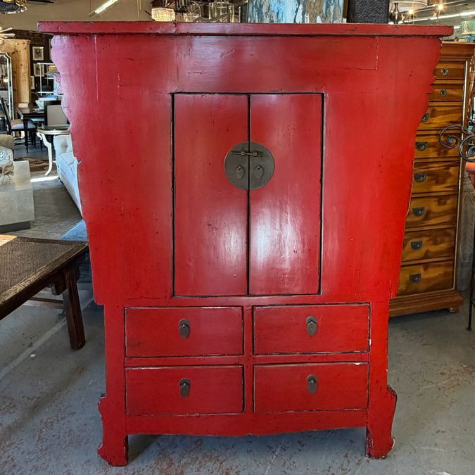 Antique Qing Dynasty Red Lacquered Wedding Cabinet 53x17x61