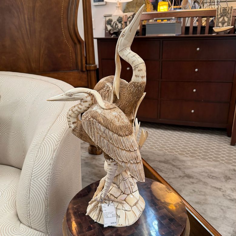 Vintage Asian Hand Carved Bone Double Heron Sculpture 22"H