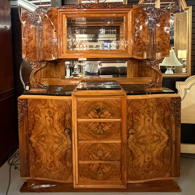 French Art Deco/Moderne Burl Walnut & Marble Buffet-Bar Cabinet Circa 1940's 67x