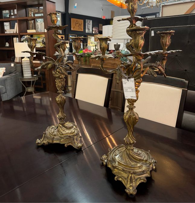PAIR Vintage Brass Rococo Candelabras 24"H AS IS