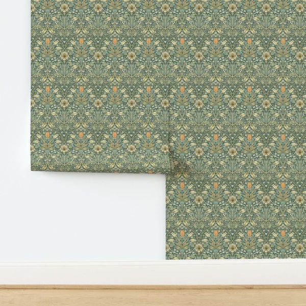 William Morris Spring Thicket on Teal Wallpaper, 9- 2'x9' Pre-pasted Rolls