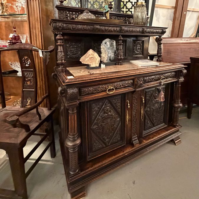 Antique French Renaissance Oak Sideboard W/Marble Inlaid Top 52x23x62.5