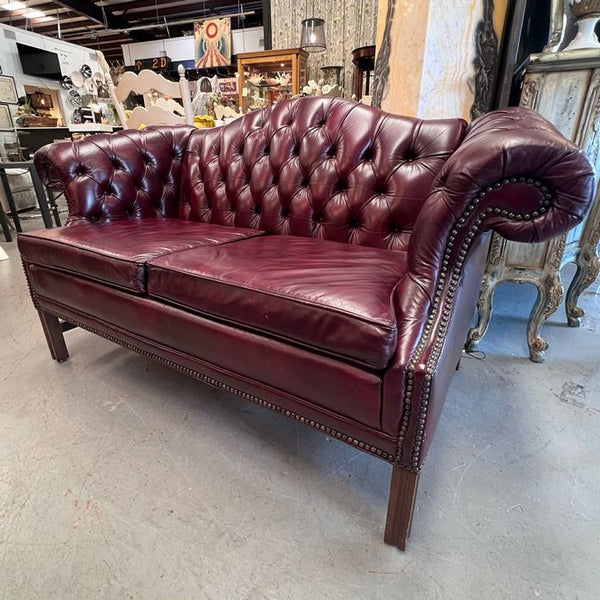 Vintage Oxblood Leather Tufted Camelback Loveseat 67x30x35