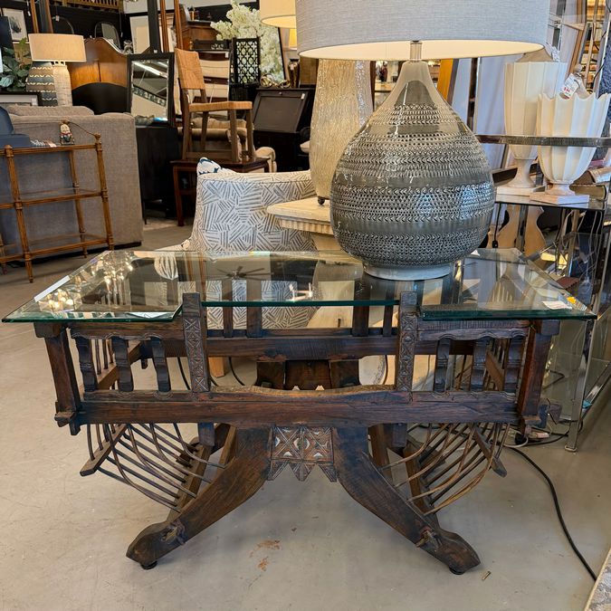 Antique Asian Howdah Elephant Chair Converted to Table W/Glass Top 46Lx24Wx26H