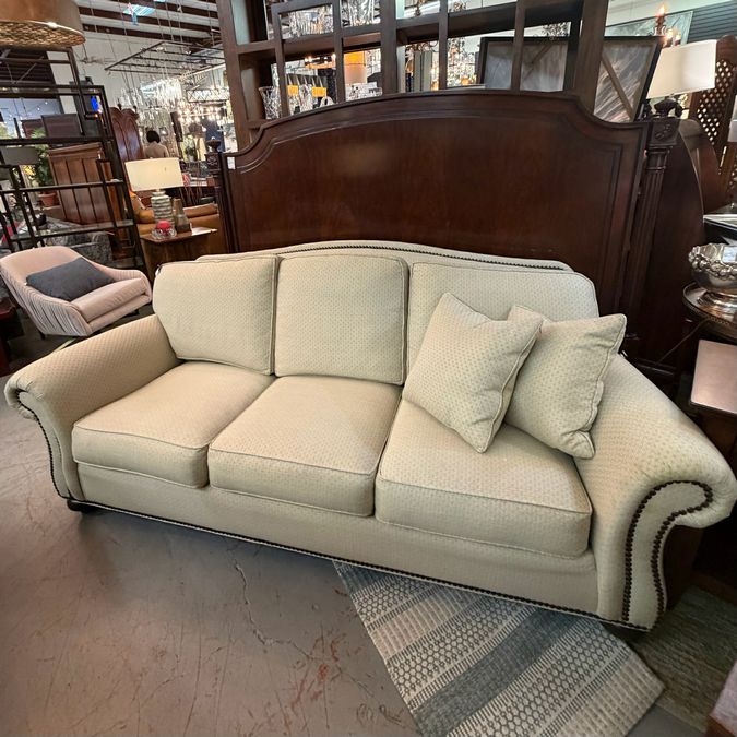 Ethan Allen Whitney Cream & Leather Trim Featherblend Sofa 85x40x36