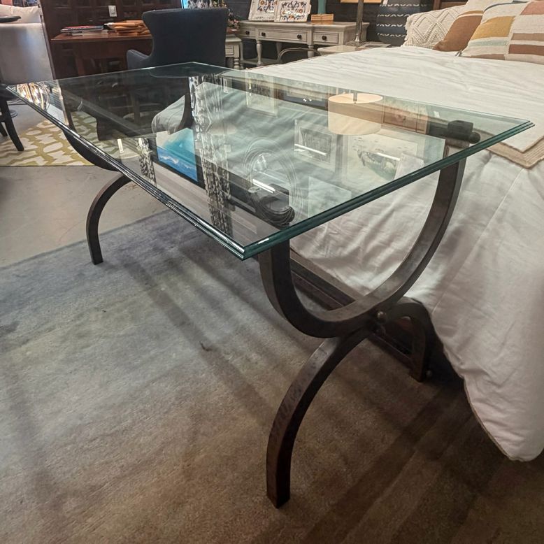 Glass Top/Curule Distress Bronze Finish Base Desk 55x30x29