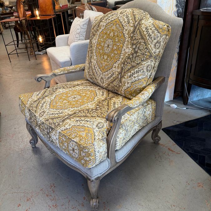 Ethan Allen "Harris" Yellow & Gray Bergere Chair & Ottoman 35x40x43