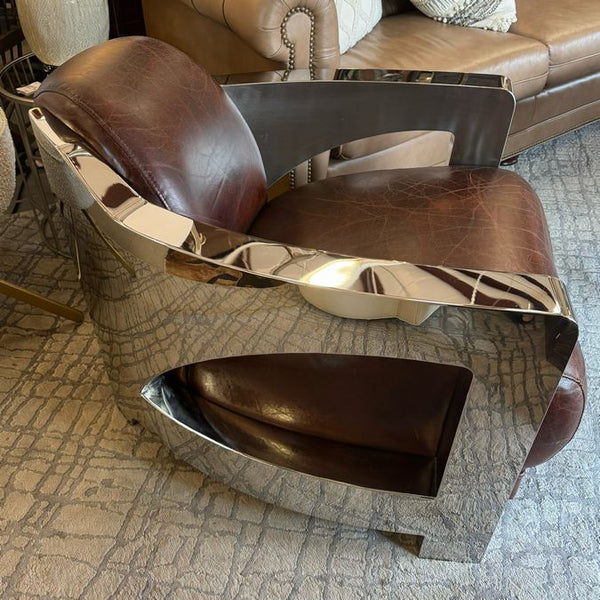 PAIR Aviator Style Chrome & Leather Lounge Chairs 28x34x25