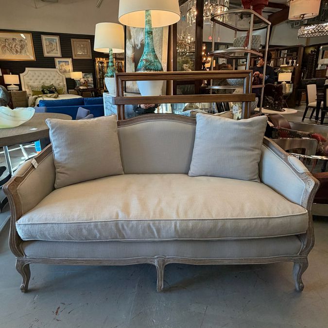 Restoration Hardware Ondine Salon Oak Bench Settee W/Tan Upholstery 65x28x36