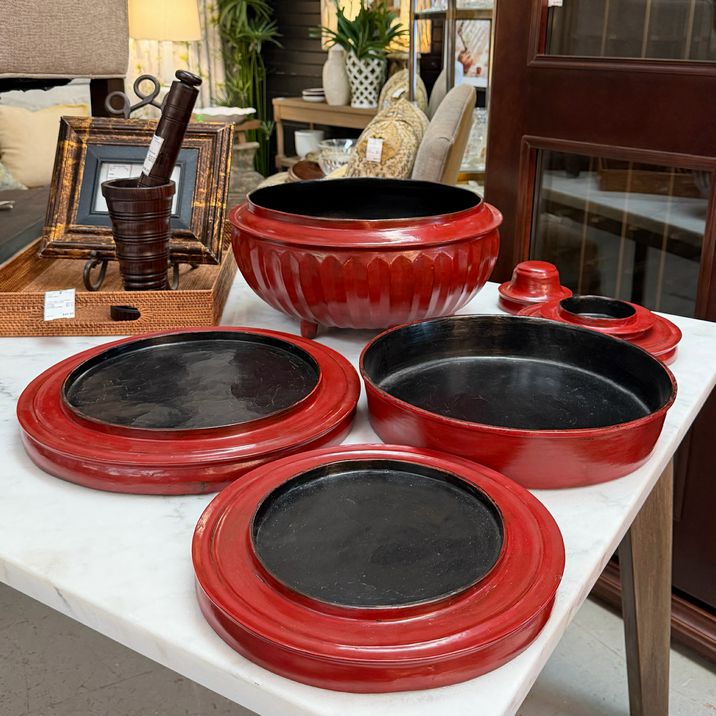 Antique Burmese Red Lacquer Monk Offering Bowl Set 16"D x 16"H