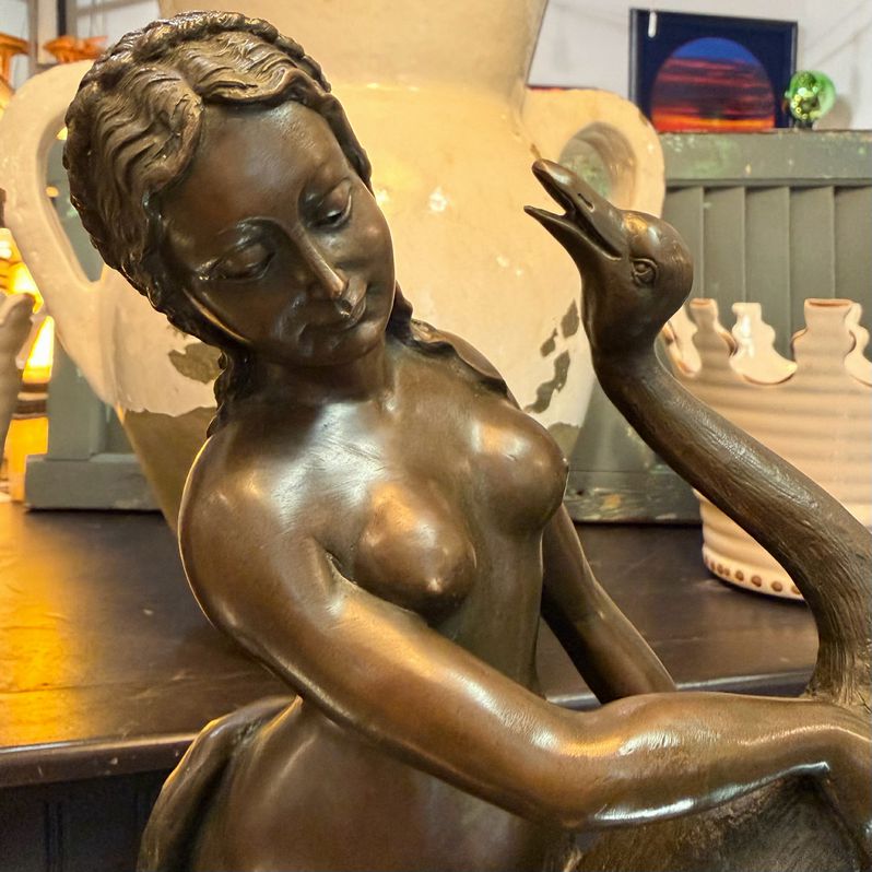 Bronze "Leda & The Swan" Sculpture On Marble