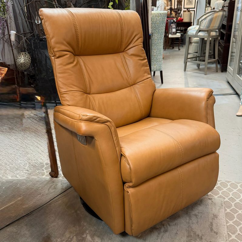 Havertys Camel Leather "Metro" Power Swivel Glider Recliner NEW