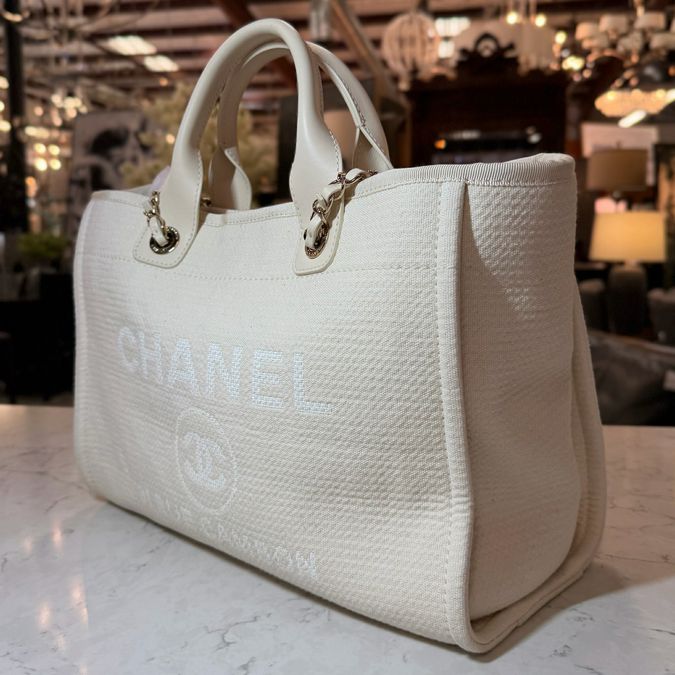 Chanel Canvas Pearl Deauville Tote W/Cosmetic Case