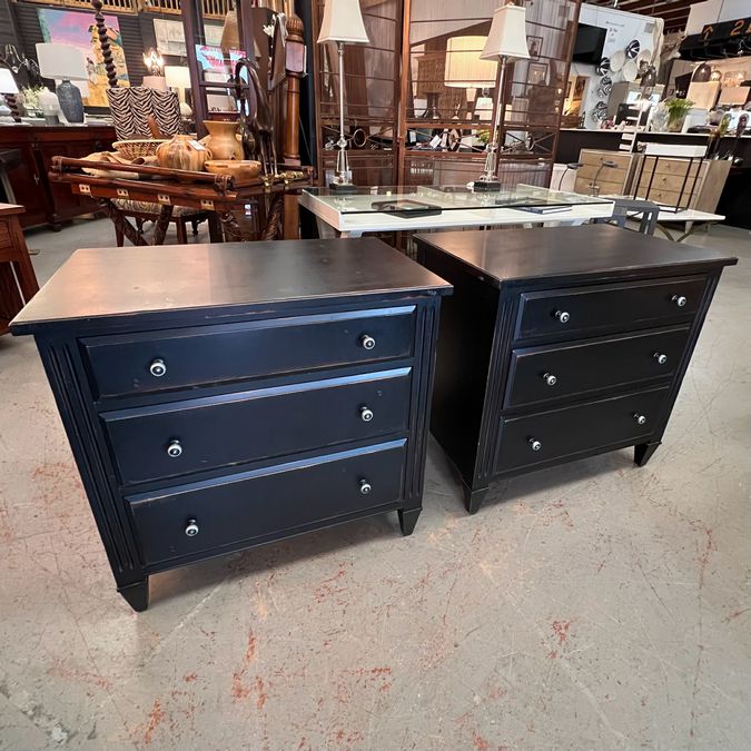 PAIR Ethan Allen Glover 3-Drw Nightstands Distress Black 30x19x29
