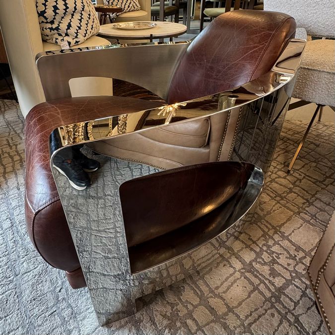 PAIR Aviator Style Chrome & Leather Lounge Chairs 28x34x25